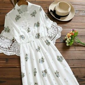 Floral Buttoned Tea Length Shirt Dress